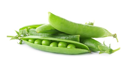 Photo of Delicious fresh green peas on white background