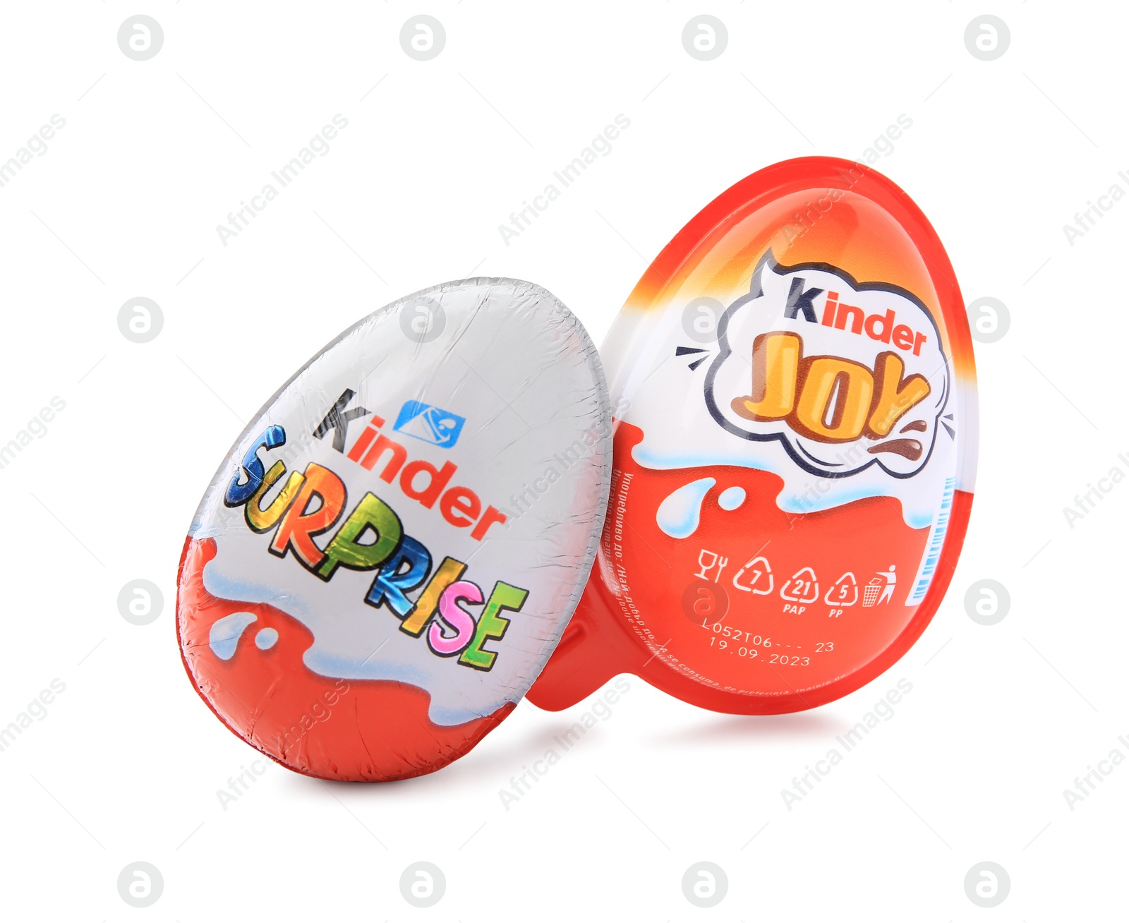 Photo of Slynchev Bryag, Bulgaria - May 24, 2023: Kinder Surprise and Joy Eggs on white background