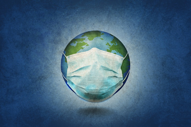 Image of Illustration of Earth with medical mask on blue background. Coronavirus outbreak