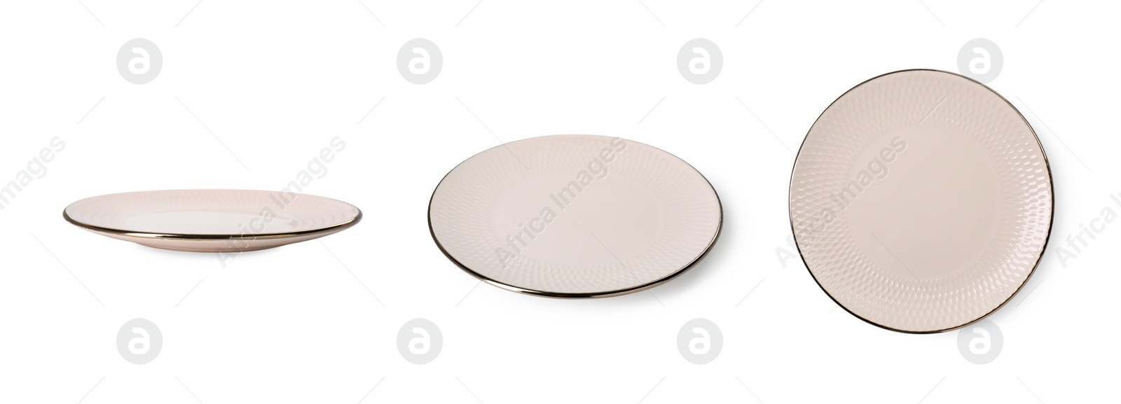 Image of Empty ceramic plate isolated on white, set with different views