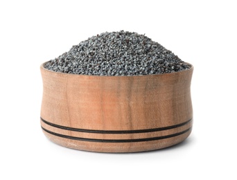 Poppy seeds in wooden bowl on white background