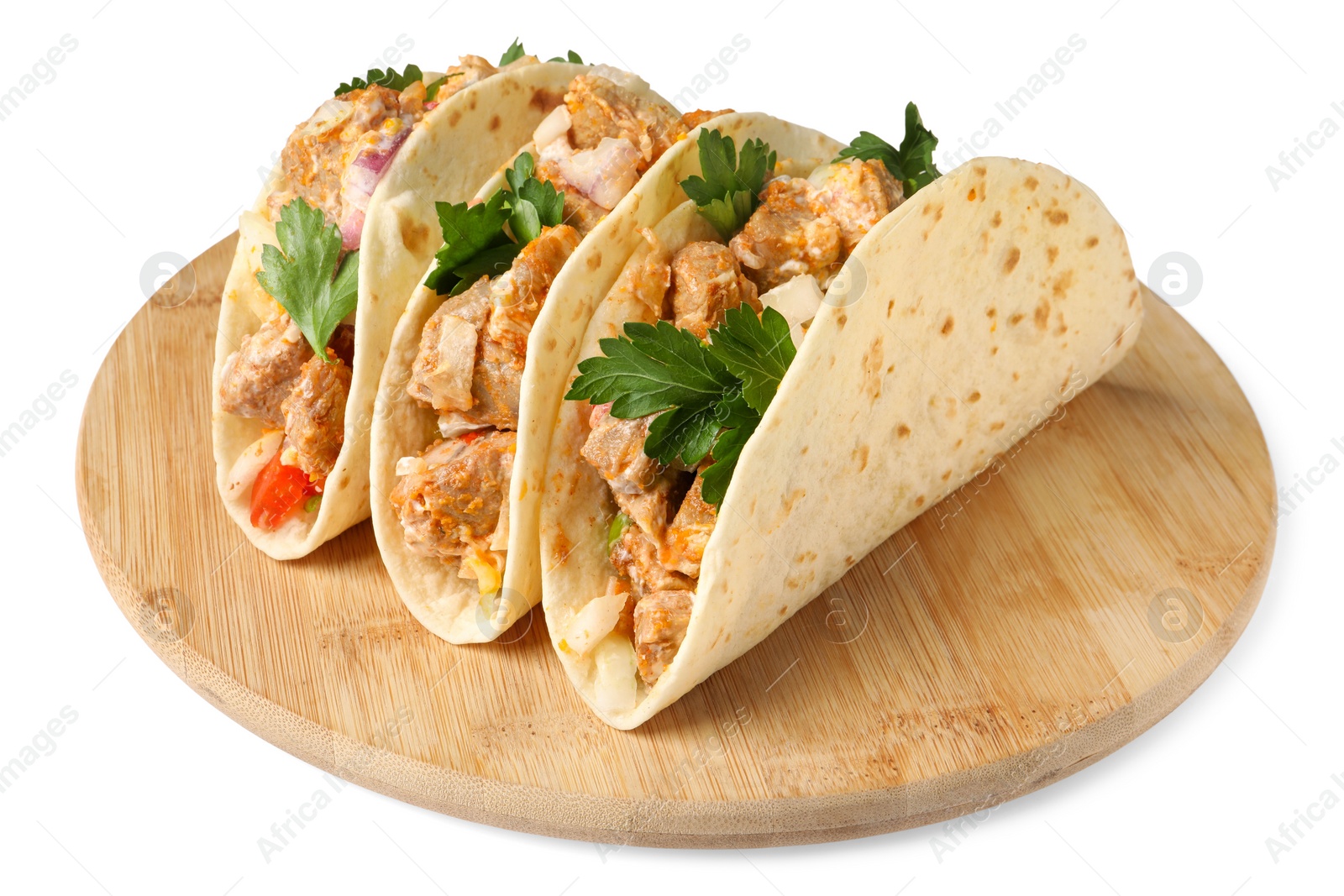 Photo of Delicious tacos with meat and parsley isolated on white