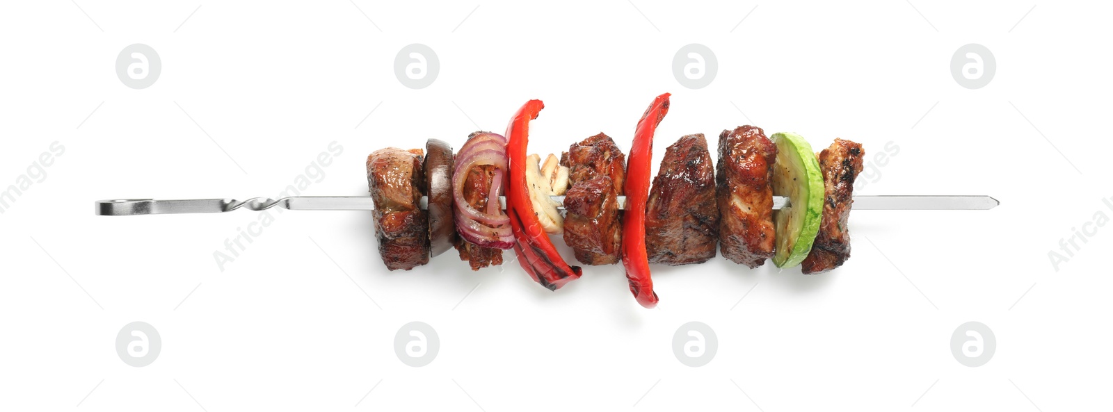Photo of Delicious shish kebab with vegetables isolated on white, top view