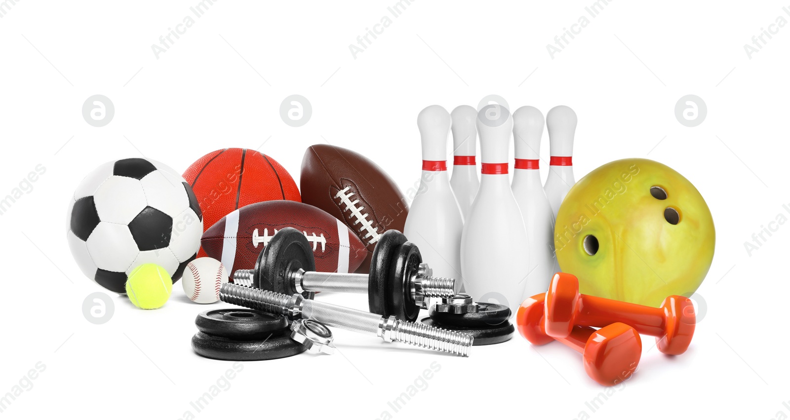 Image of Set of different sport equipment on white background