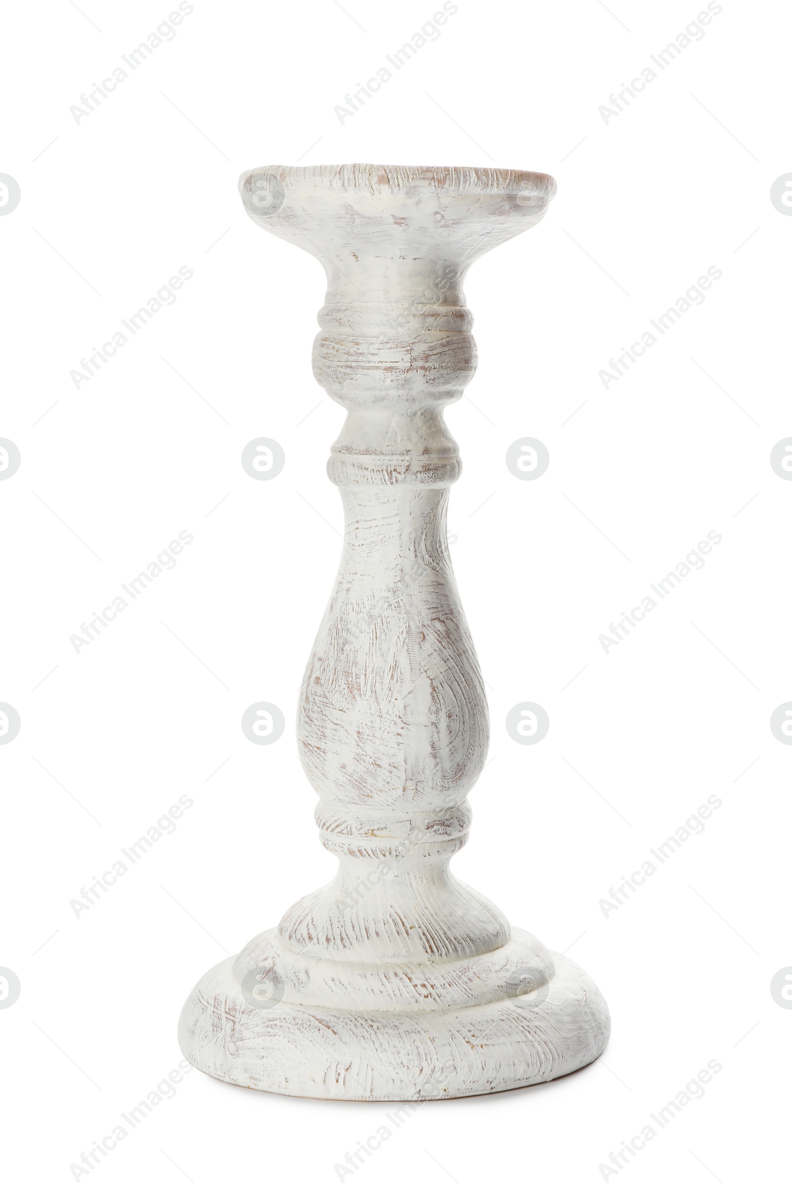 Photo of One stylish wooden candlestick isolated on white