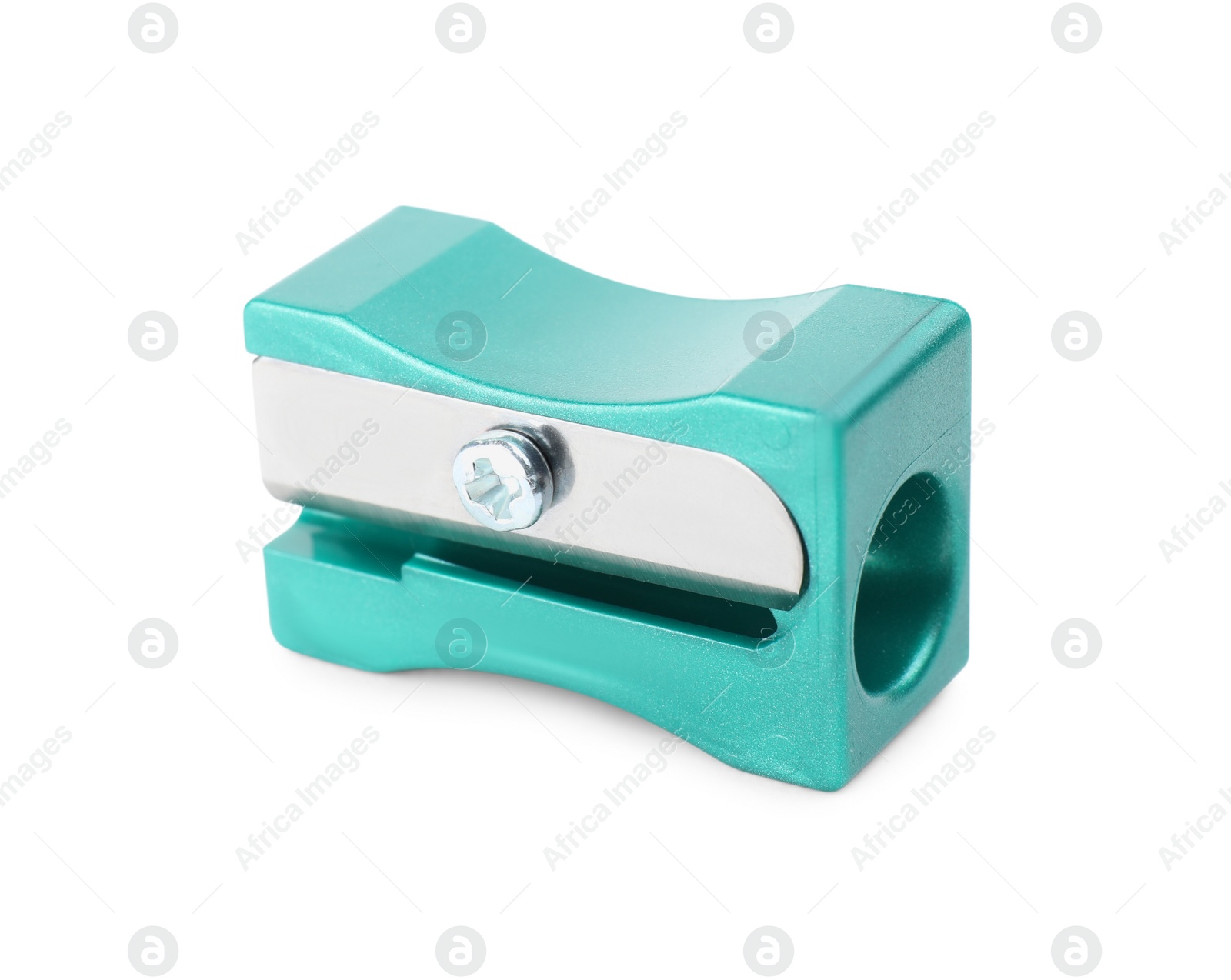Photo of Plastic turquoise pencil sharpener isolated on white