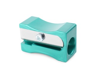 Plastic turquoise pencil sharpener isolated on white