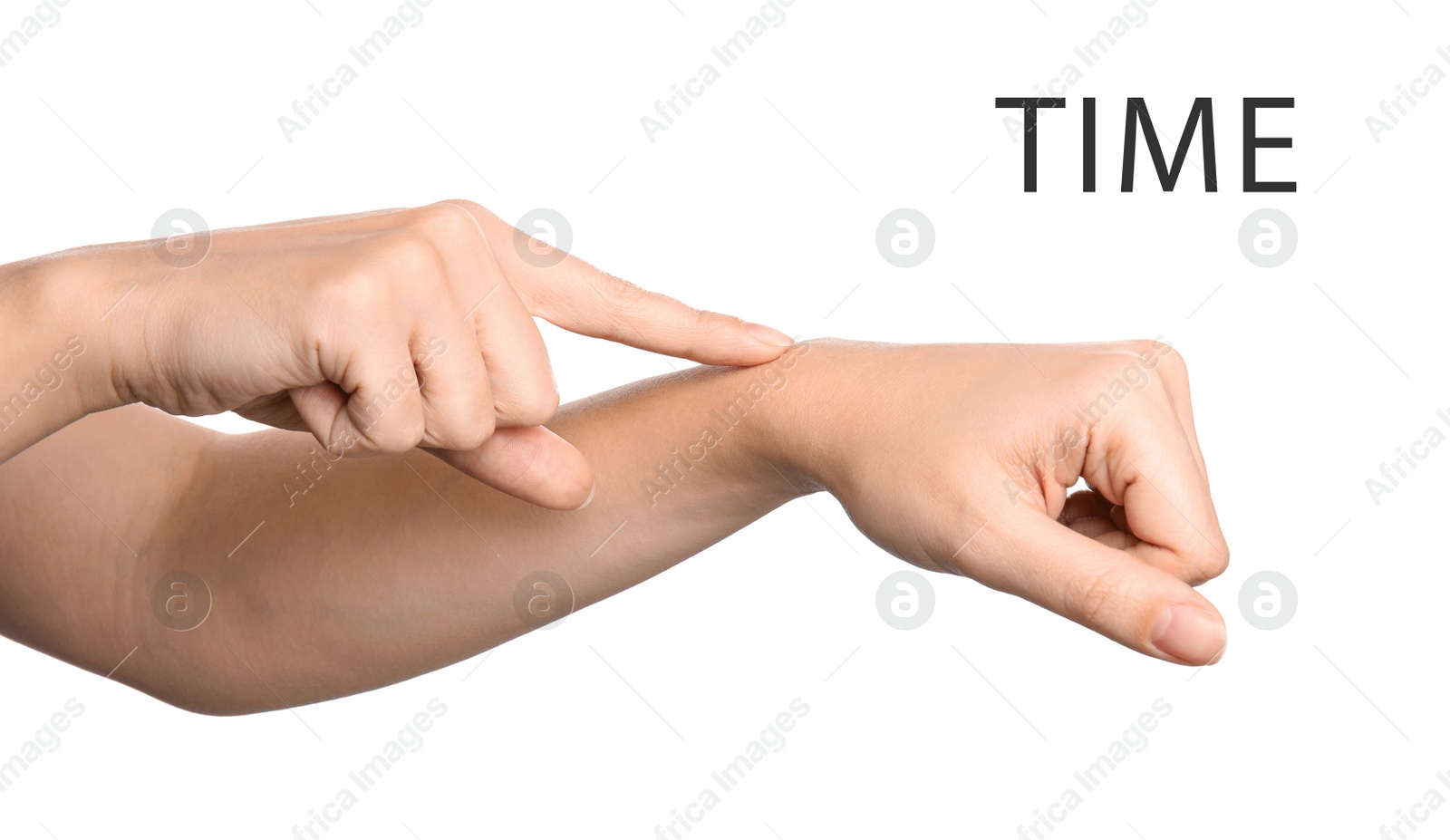 Image of Woman showing word Time on white background, closeup. American sign language