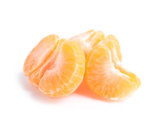 Photo of Peeled ripe tangerines on white background. Citrus fruit