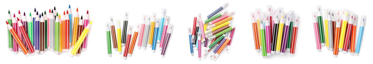 Image of Collage of many colorful felt tip pens on white background, top view