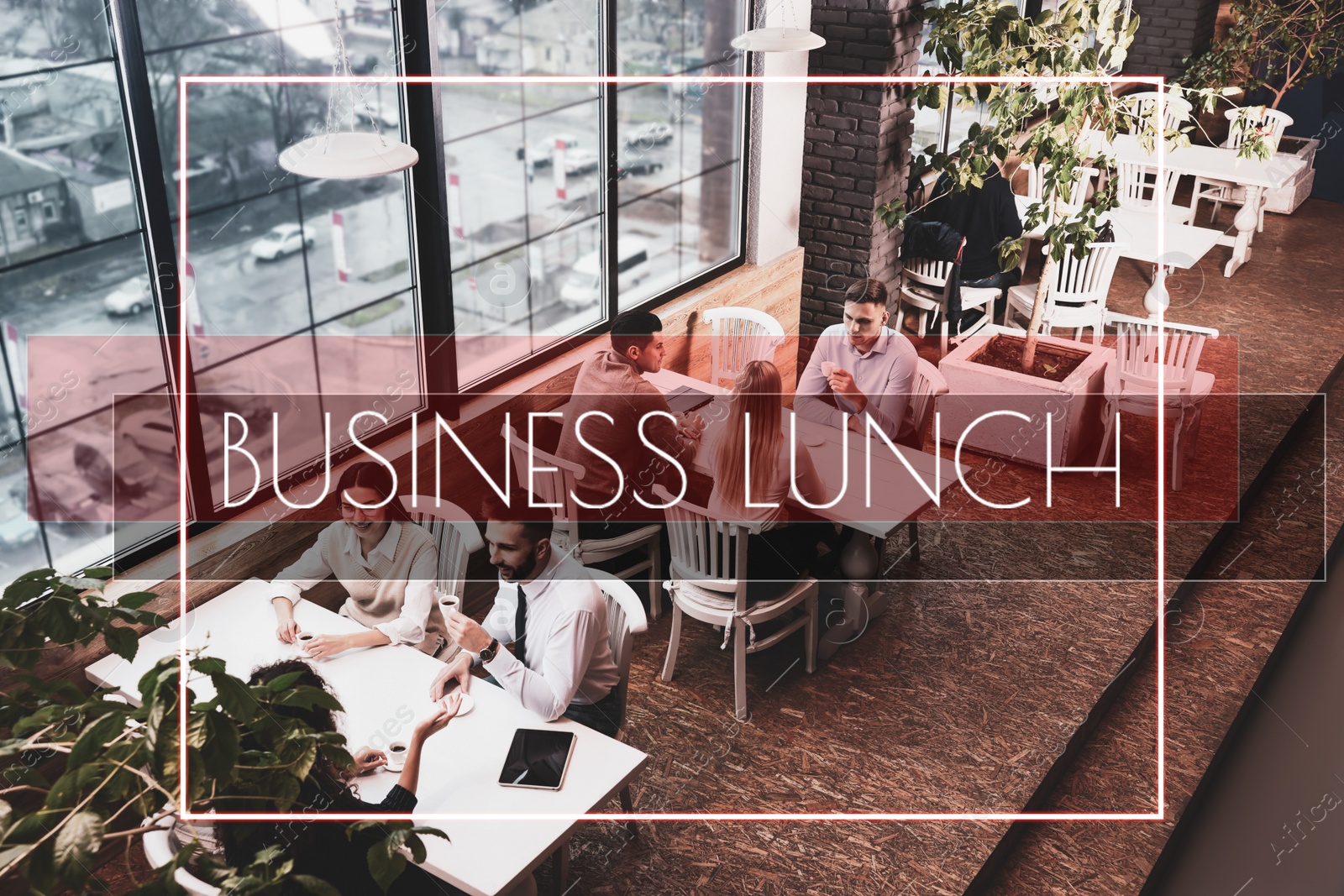 Image of Group of coworkers having coffee break in cafe, above view. Business lunch