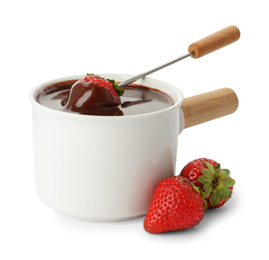 Fondue pot with chocolate and fresh strawberries isolated on white