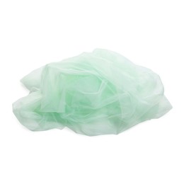 Photo of Beautiful light green tulle fabric on white background, top view