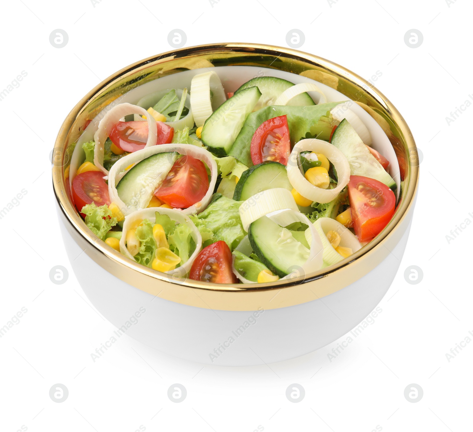 Photo of Bowl of tasty salad with leek, tomatoes and cucumbers isolated on white