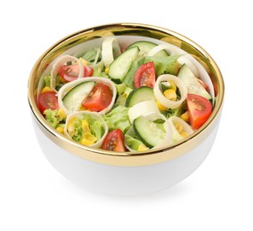 Photo of Bowl of tasty salad with leek, tomatoes and cucumbers isolated on white