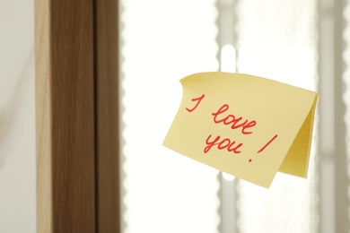 Photo of Sticky note with phrase I love you! on mirror, space for text