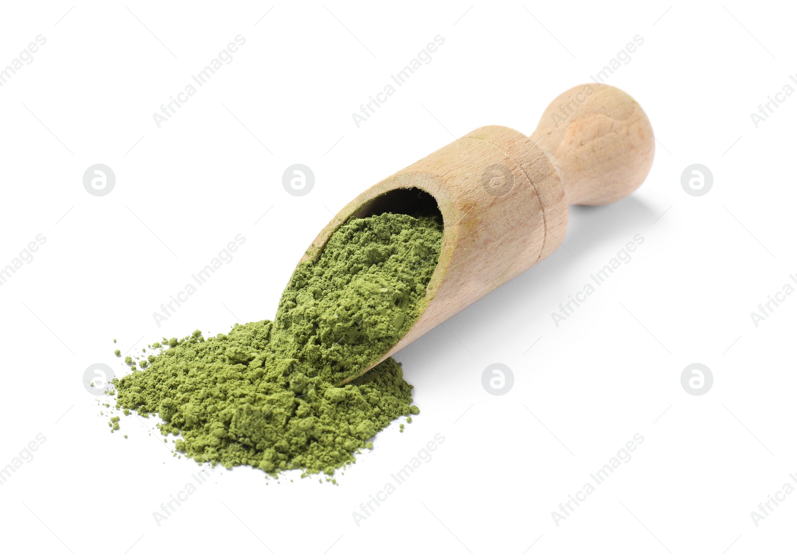 Photo of Scoop of green matcha powder isolated on white