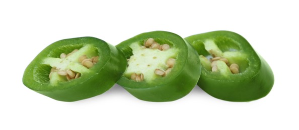 Photo of Cut green hot chili pepper isolated on white