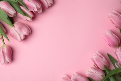 Photo of Beautiful spring tulips on light pink background, flat lay. Space for text