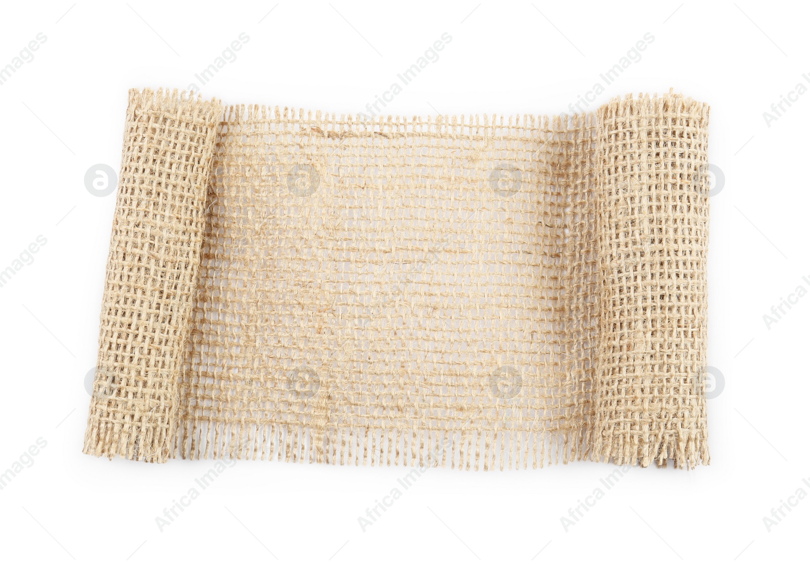 Photo of Piece of burlap fabric isolated on white, top view