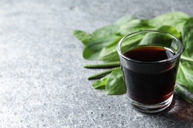 Photo of Broadleaf plantain tincture on grey table, space for text