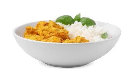 Photo of Delicious rice and chicken with curry sauce isolated on white