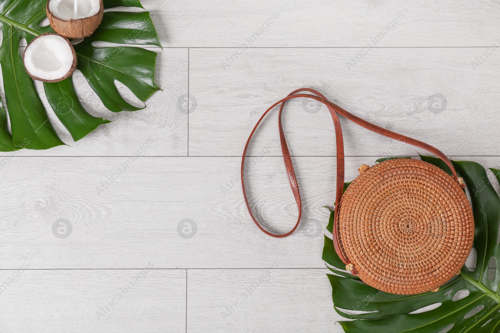 Photo of Flat lay composition with bamboo bag and space for text on wooden background