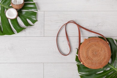 Photo of Flat lay composition with bamboo bag and space for text on wooden background