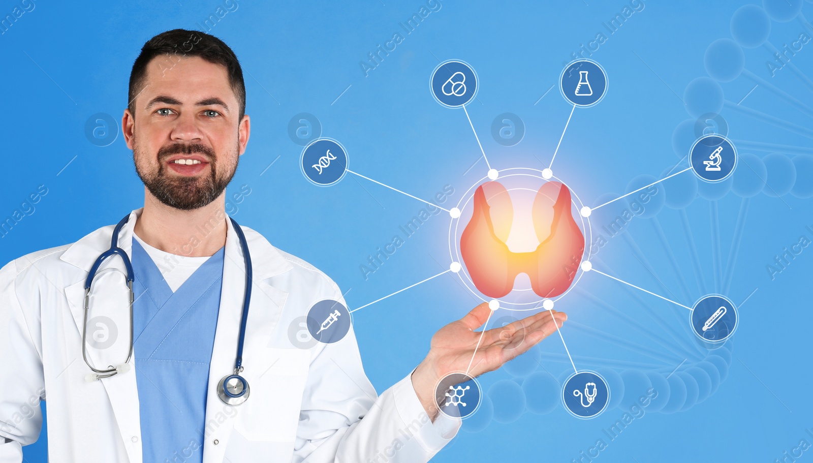 Image of Endocrinologist holding thyroid illustration surrounded by icons on light blue background