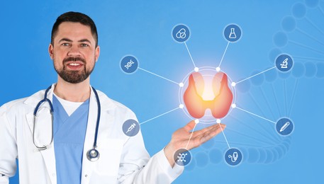 Image of Endocrinologist holding thyroid illustration surrounded by icons on light blue background