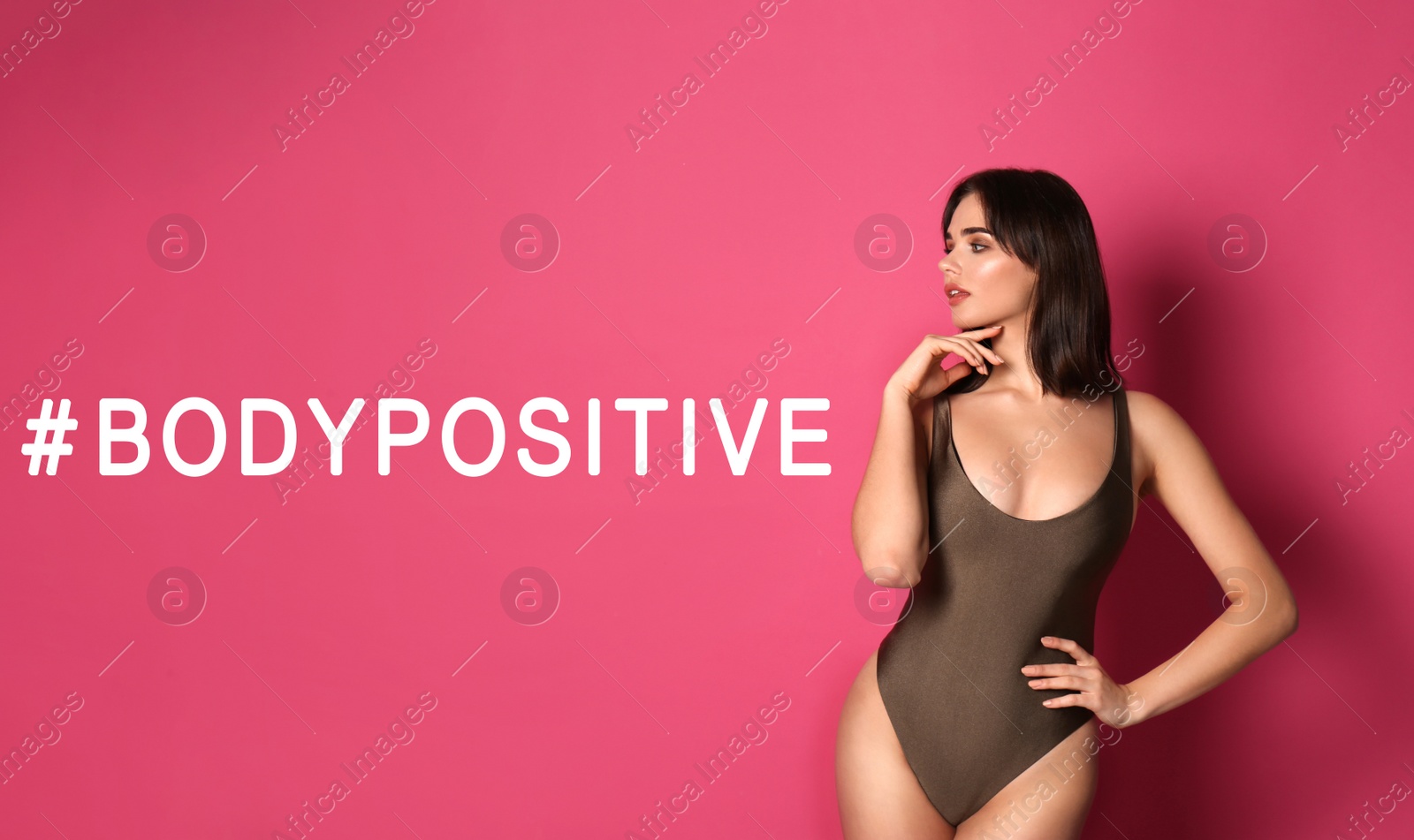 Image of Beautiful woman and hashtag Bodypositive on pink background
