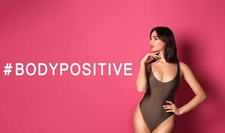 Image of Beautiful woman and hashtag Bodypositive on pink background
