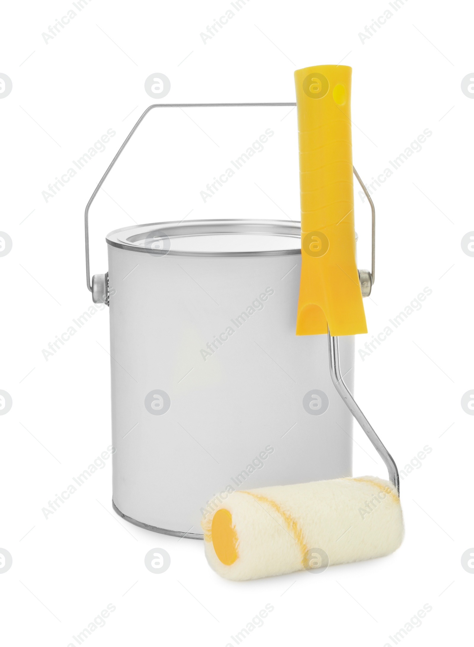 Photo of Closed blank can of paint and roller brush isolated on white