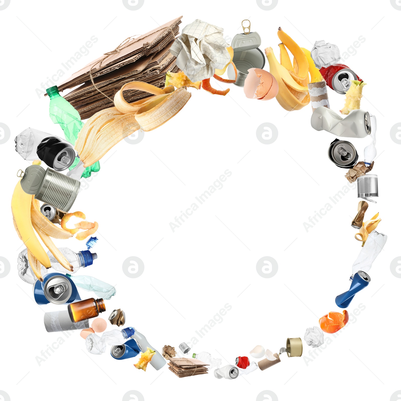 Image of Lots of different garbage flying on white background