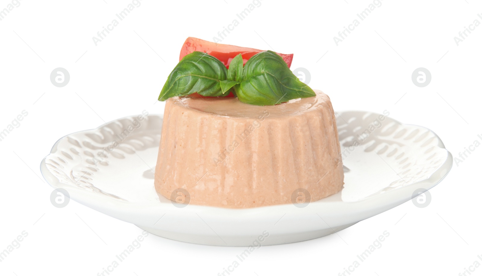 Photo of Plate with delicious meat pate, tomato and basil isolated on white