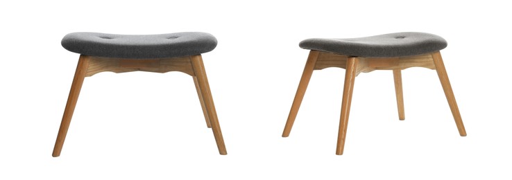 Image of Stylish stools on white background, collage. Banner design