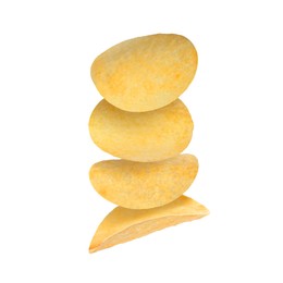 Stack of tasty potato chips falling on white background