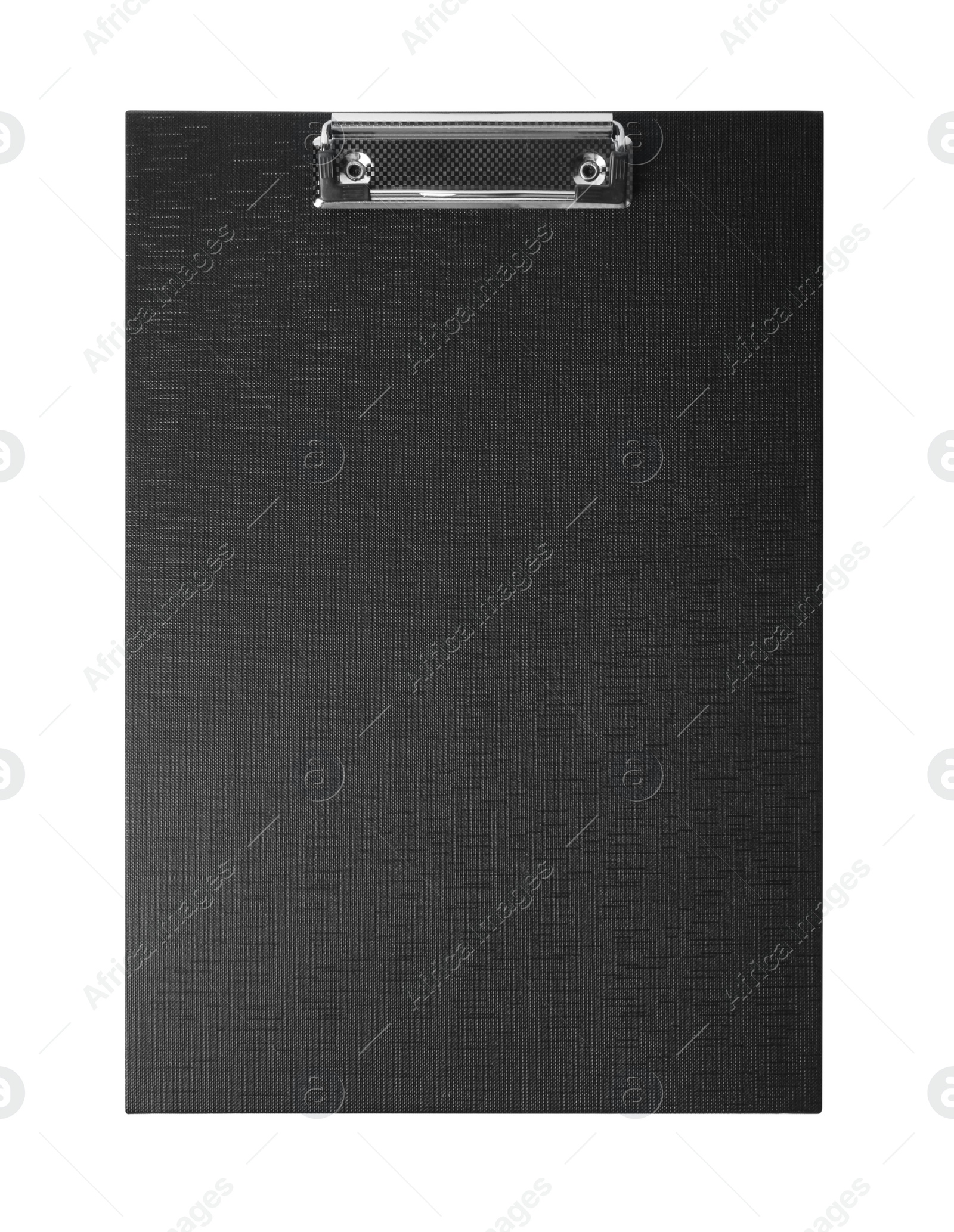 Photo of Black clipboard isolated on white, top view