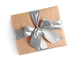 Photo of Beautifully wrapped gift box on white background, top view