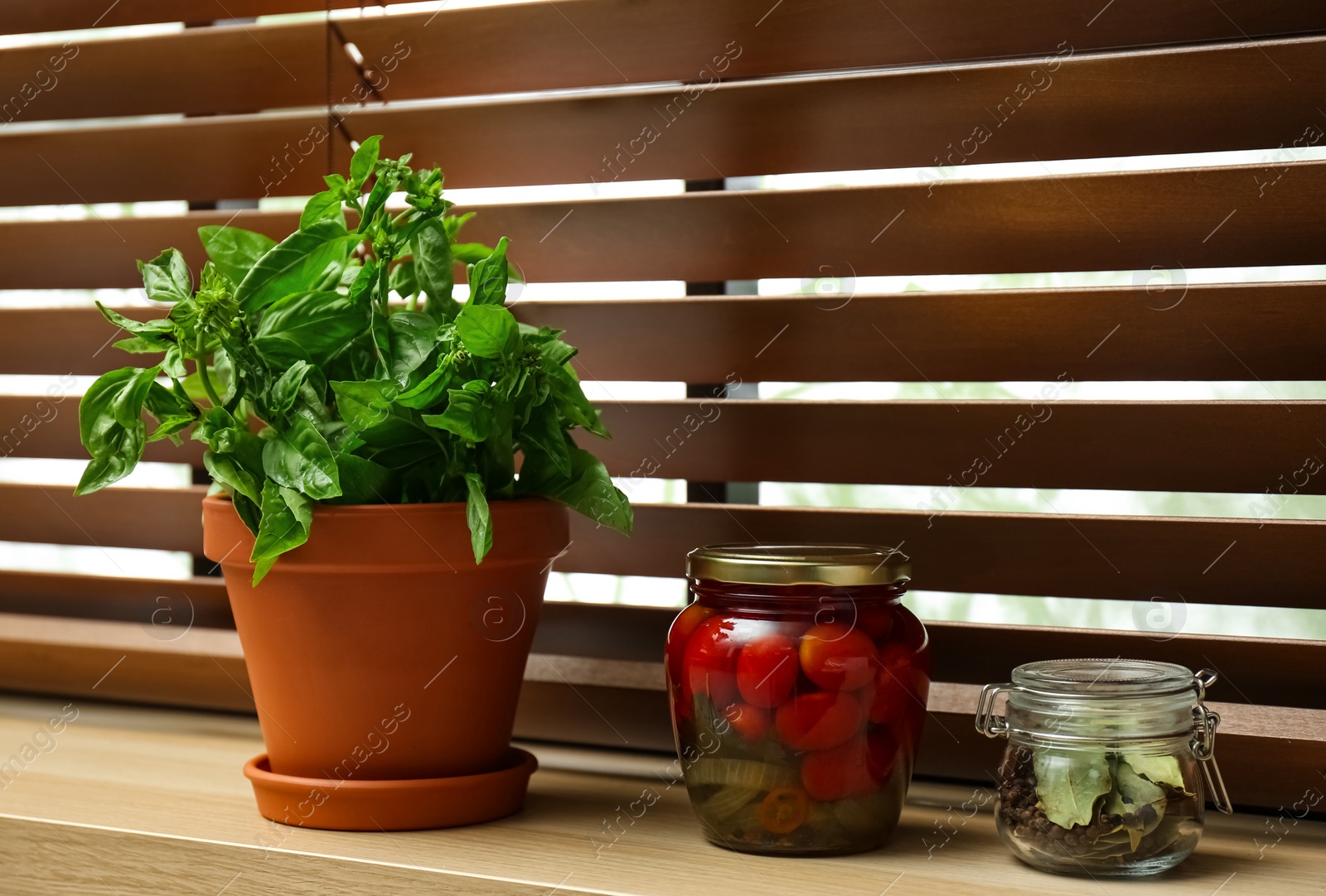 Photo of Green basil, pickled tomatoes and spices on window sill indoors