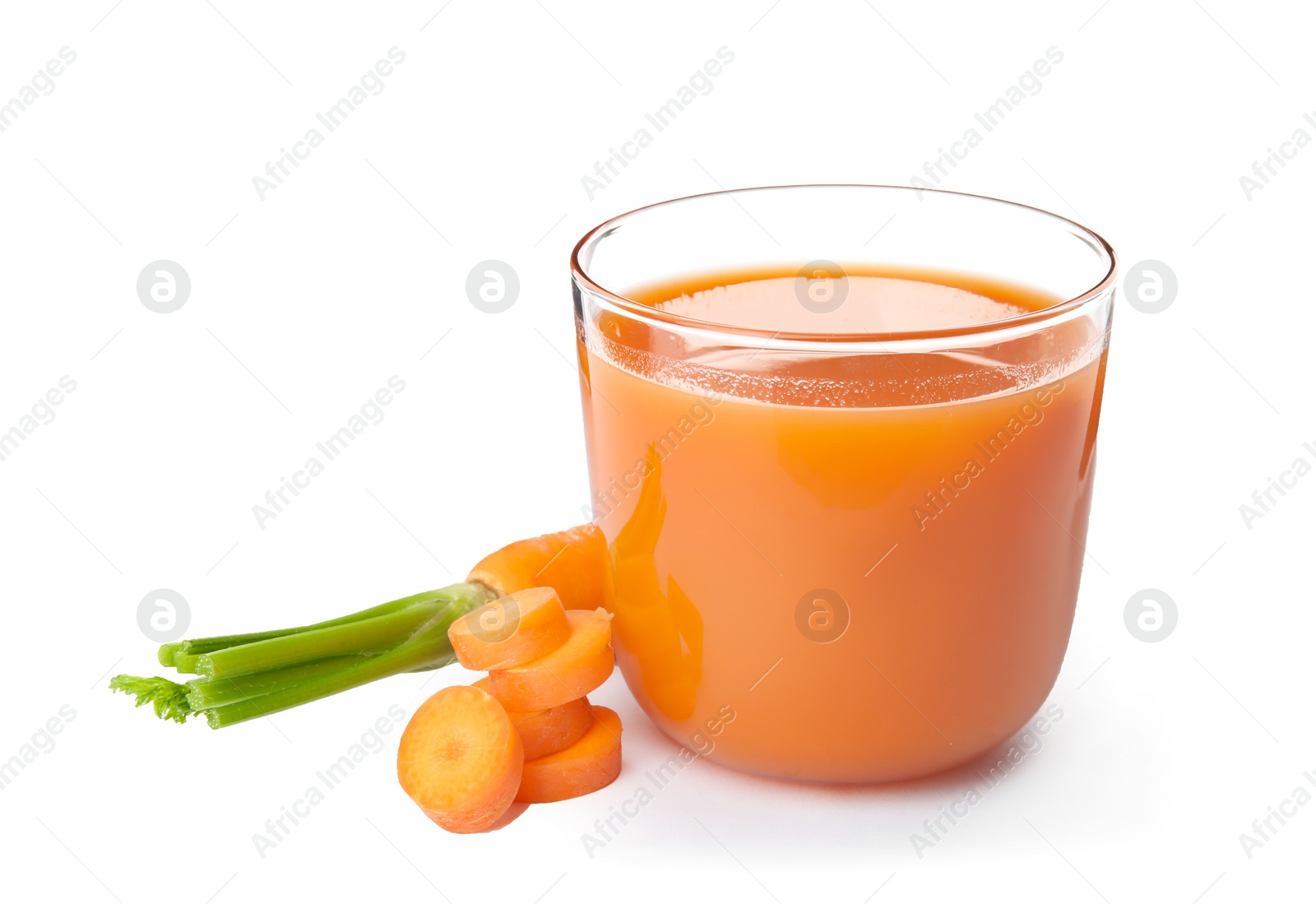 Photo of Glass with carrot juice and fresh vegetable on white background