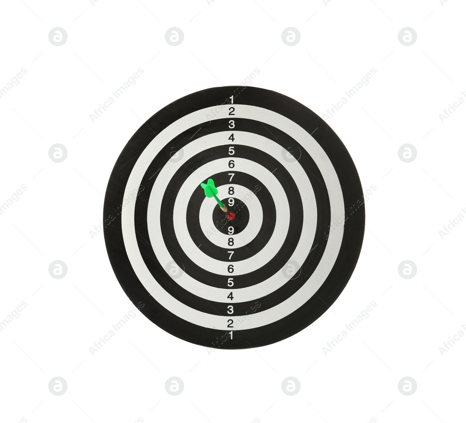 Photo of Green arrow hitting target on dart board against white background