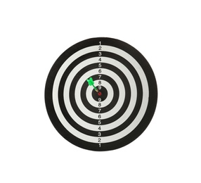 Photo of Green arrow hitting target on dart board against white background