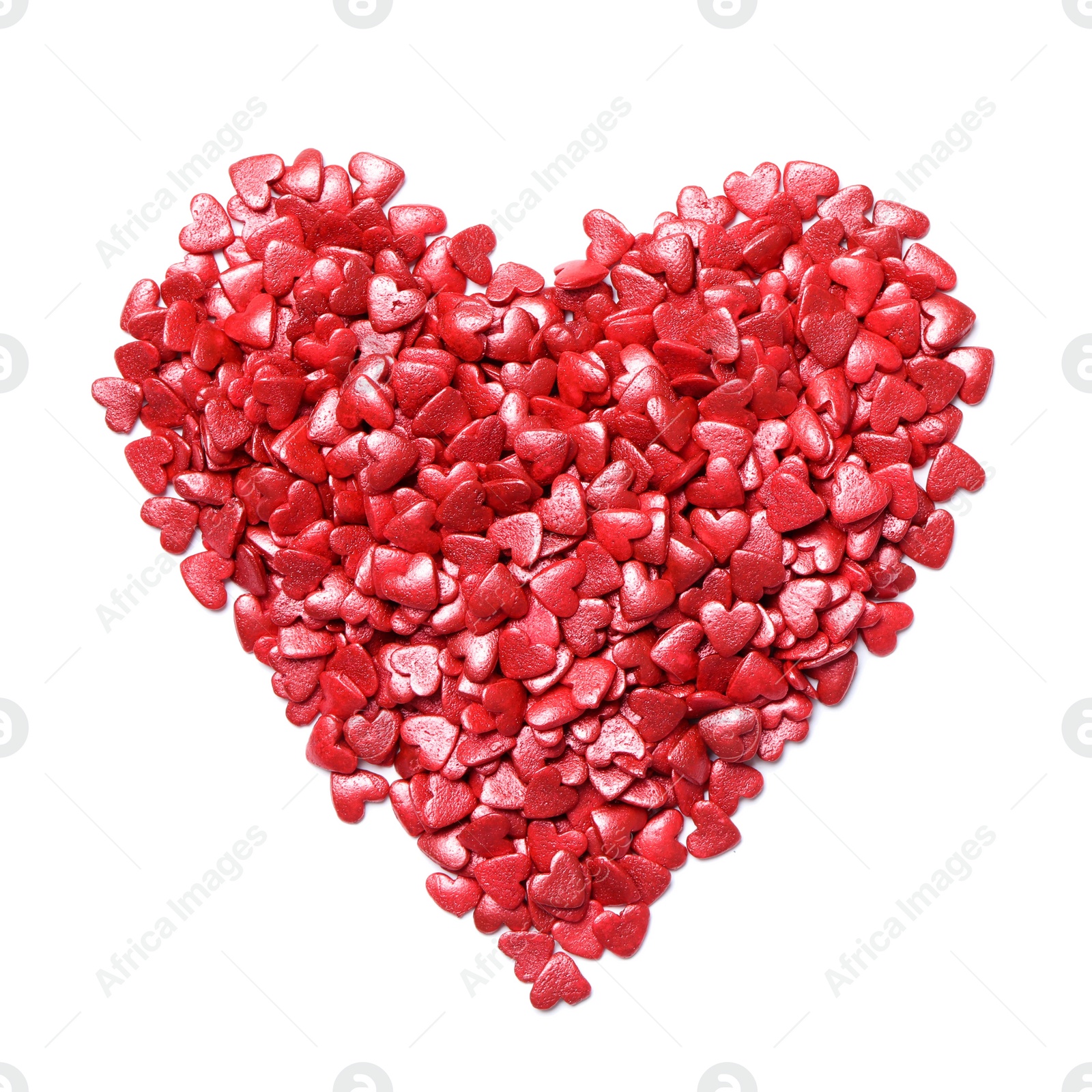 Photo of Heart made of sweet candies on white background, top view