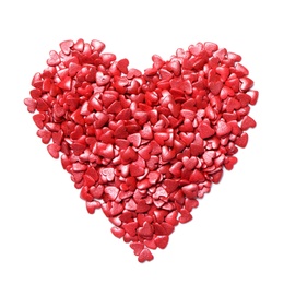 Photo of Heart made of sweet candies on white background, top view