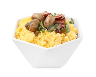 Cooked cornmeal with bacon, mushrooms and microgreens in bowl isolated on white