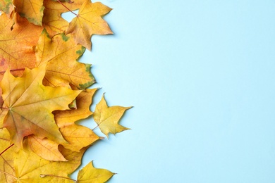 Photo of Pile of autumn leaves on blue background, top view. Space for text