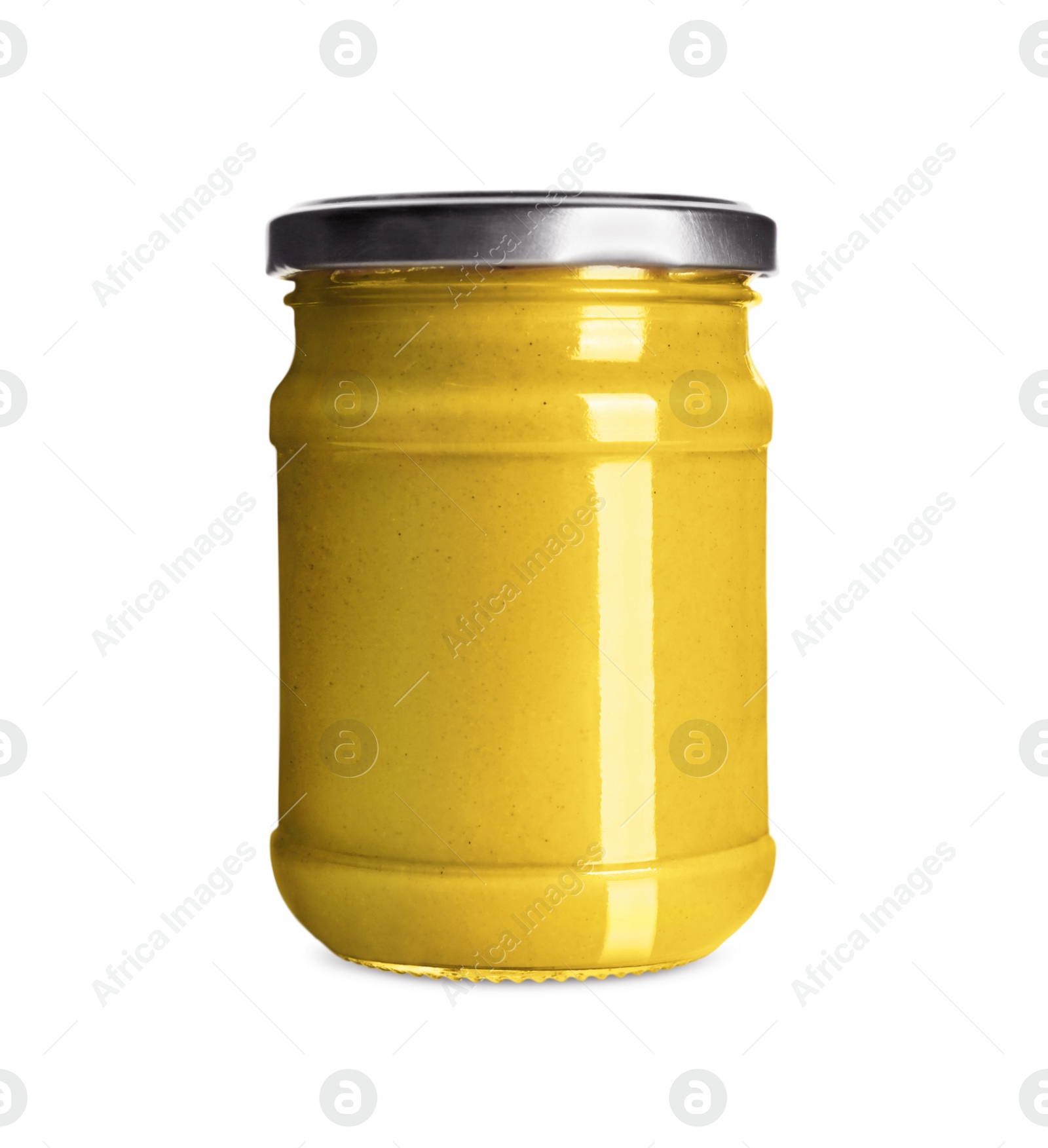 Photo of Spicy mustard in glass jar isolated on white