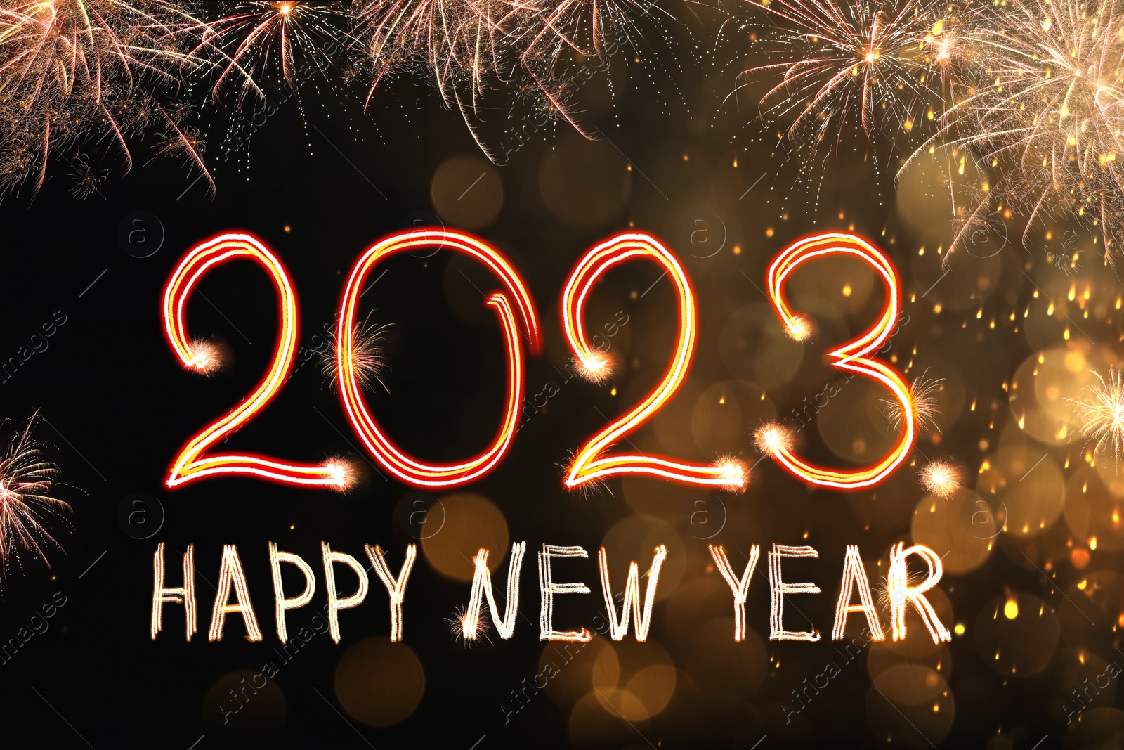 Image of Bright text Happy New 2023 Year made of firework on dark background. Greeting card design