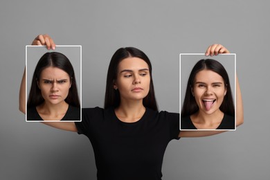 Woman holding her photo portraits showing different emotions on grey background. Balanced personality